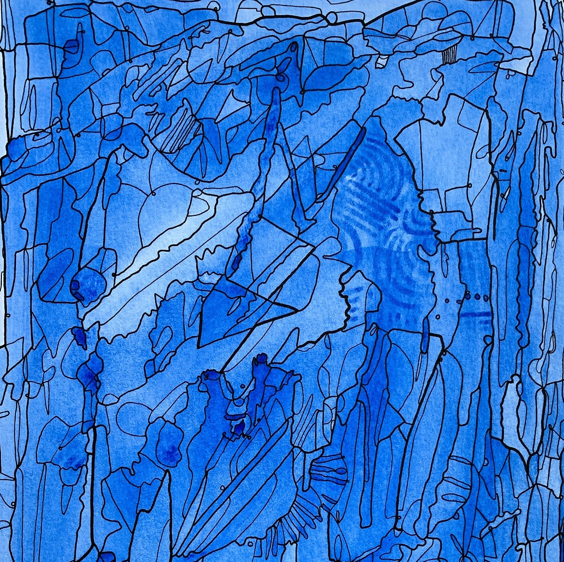 Abstract blue artwork with geometric shapes and patterns